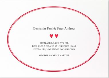 B Designs’ gorgeous letterpress birth announcements for twins just look expensive